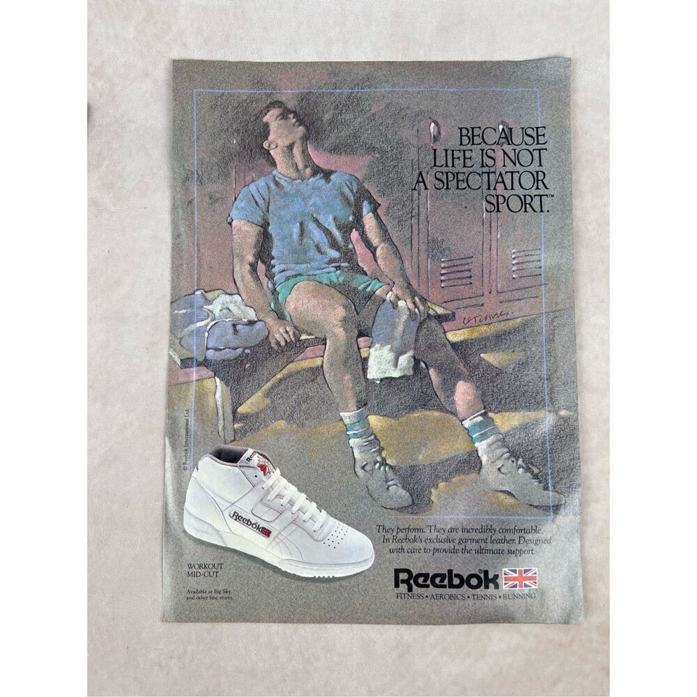Vintage 1986 Reebok Because Life Is Not A Spectator Sport Paper Print Ad